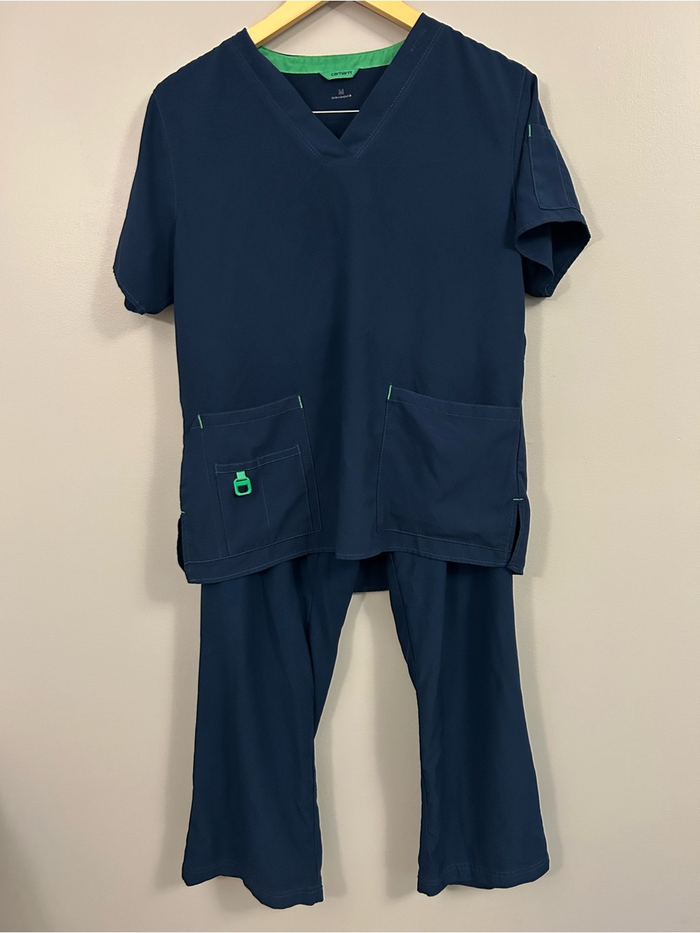 Carhartt Force Navy Scrub Set Shirt and Pants with Bright Green Accents Medium